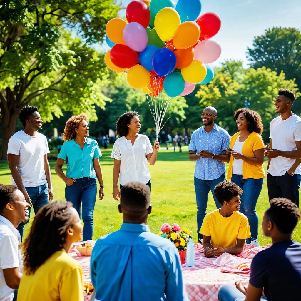 A vibrant, sunlit park scene featuring diverse groups of people engaging in cheerful conversations, sharing laughter, and connecting through various activities like picnics and games. Colorful balloons and flowers that evoke joy and warmth surround them, symbolizing the spirit of community. In the background, a cheerful mural emphasizing positive connections and friendship can be seen. super-realistic. vibrant colors. white background.