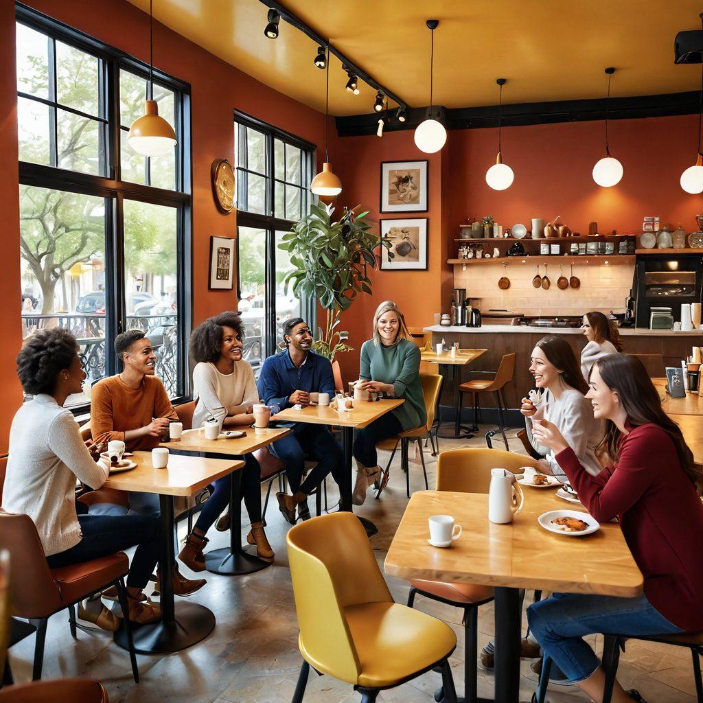 A lively café scene filled with diverse people engaging in animated conversations, sharing laughter and joy. Incorporate warm, inviting colors that evoke a sense of happiness and connection, with soft lighting enhancing the ambiance. Add coffee cups and pastries on tables to suggest a cozy atmosphere. The foreground should include a group of friends exchanging smiles and gestures, representing the essence of radiant conversations. vibrant colors. super-realistic.