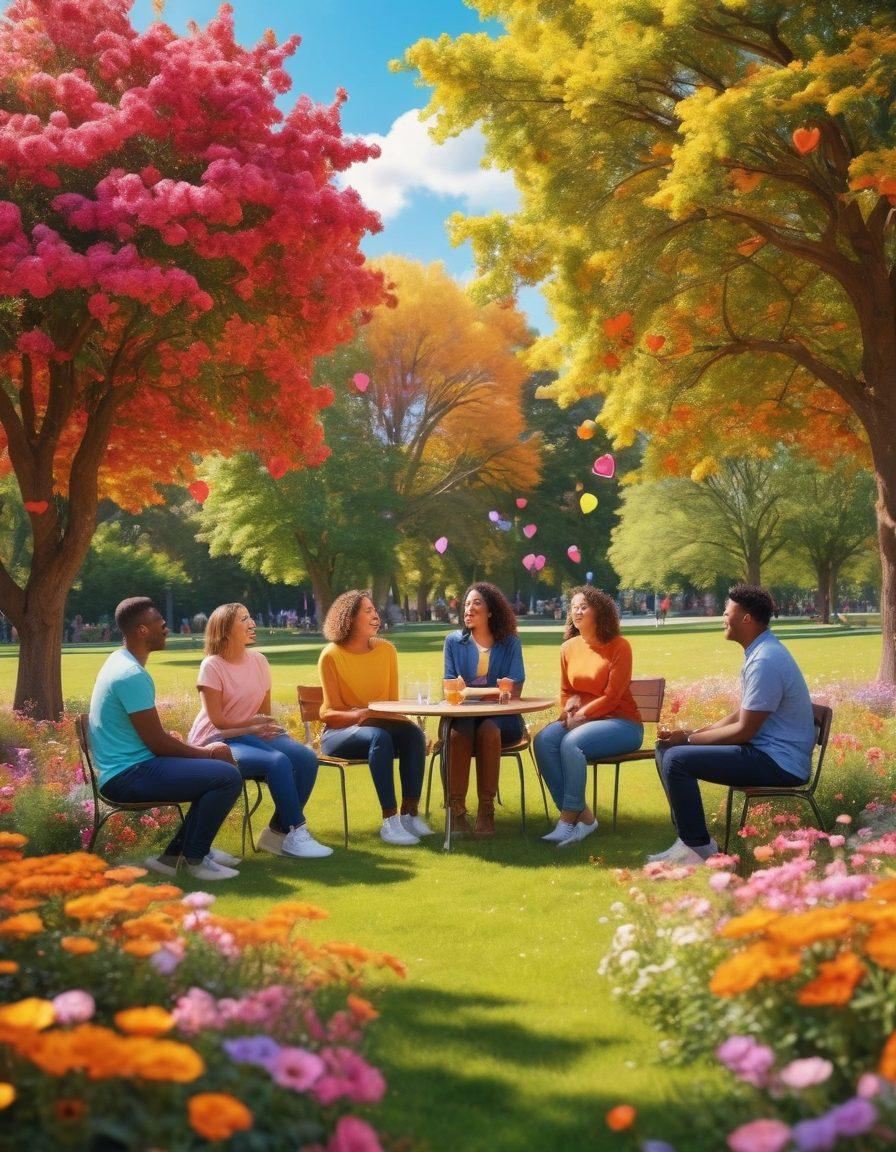A vibrant scene depicting a diverse group of people engaging in cheerful conversations in a sunny park, surrounded by colorful flowers and bright trees. Include elements like speech bubbles filled with symbols of joy and connection, such as hearts and light bulbs. The atmosphere should radiate positivity and warmth, showcasing the power of community and relationships. super-realistic. vibrant colors. soft focus.
